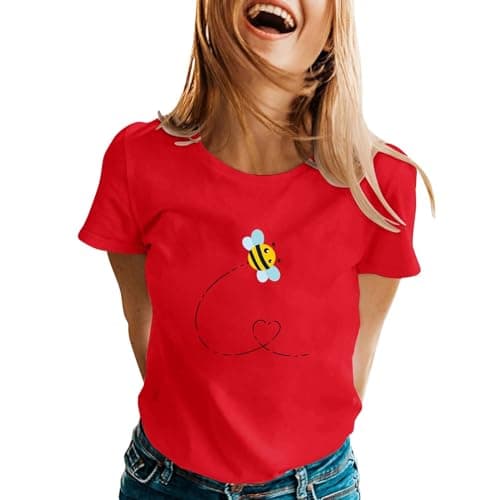 2026 New Womens Crew Neck T Shirt Drop Shoulder Printed Casual Tee Easy Fit Airy Touch Summer Top for City Break Holiday Shorts Daily Wear Light Packing Red L