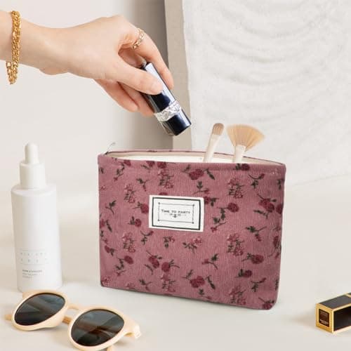 Aucuu Cosmetic Bags for Women, Small Floral Canvas Cosmetic Bag, Rose Flower Printing Corduroy Toiletry Bag, Multifunctional Travel Makeup Bag with Metal Zipper for Women Girls Gift - Red Rose — view 4