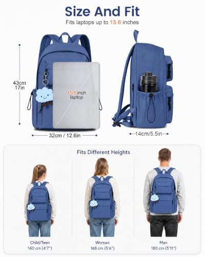 FIORETTO Backpack Womens School Bag Girls Boys, Lightweight Water-Resistant Fits 15.6" Laptop Large Capacity Rucksack with Anti-Theft Pocket, Ideal for School College Commuting Travel, Dark Blue — view 6