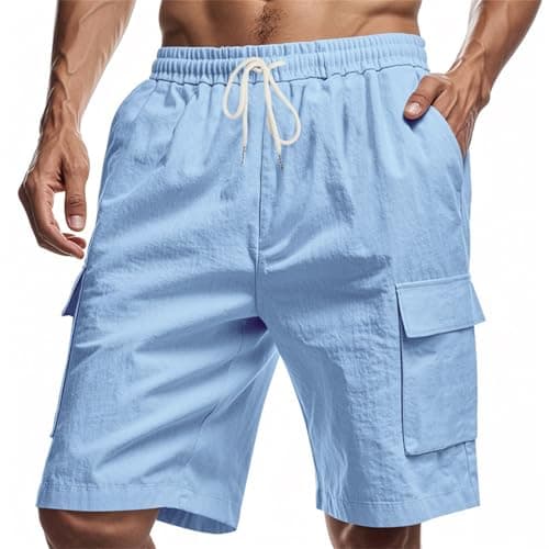 Men's Lightweight Linen Cargo Shorts with Multi-Pockets for Outdoor Hiking, Casual Loose Fit, Breathable Summer Shorts for Travel (Light Blue, S) — view 2