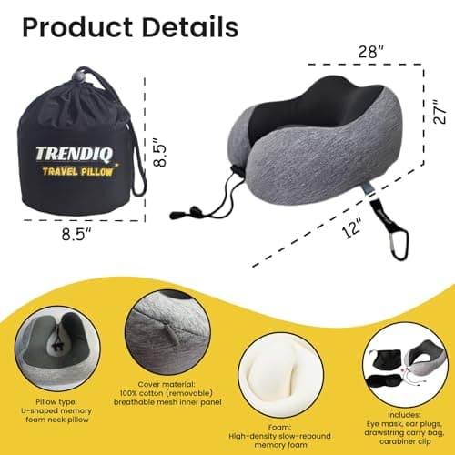 TRENDIQ Travel Pillow for Airplane- Premium Memory Foam with 100% Pure Cationic Cover Neck Pillow for Travel- Adjustable U-Shaped Flight Pillow with Eye Mask, Ear Plugs, Carry Bag & Carabiner Clip — view 3