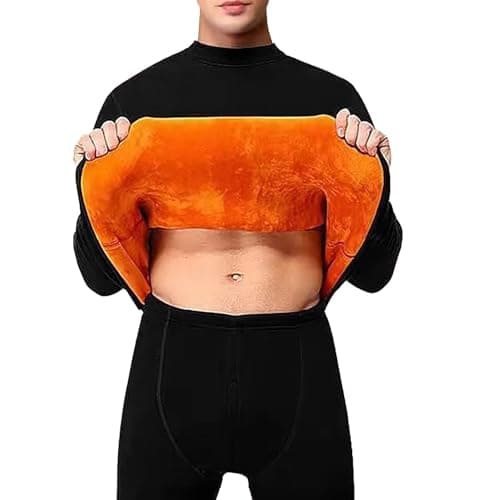 Men's Thermal Underwear Set with Orange Fleece Lining – Highneck Top & Legging, Super Warm Base Layer with Warm Fleece for Winter (Black, L)