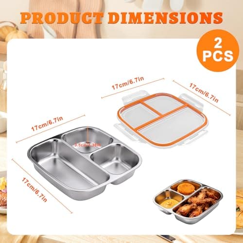 Betinyar 2PCS Stainless Steel Snack Containers, Leak-proof 3-Compartment Food Prep Containers with Individual Sealing Lids, Reusable Food Storage for Travel, Camping, Work and Fitness — view 2
