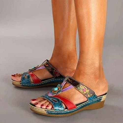 RLEHJN Orthopedic Sandals Women, Women's Sandals & Slides Vintage Bohemian Floral Wedge Sandal Open Toe Non-Slip Slippers Comfy Mules Holiday Beach Shoes Ladies Summer Shoes Blue Size 3-7.5 — view 3