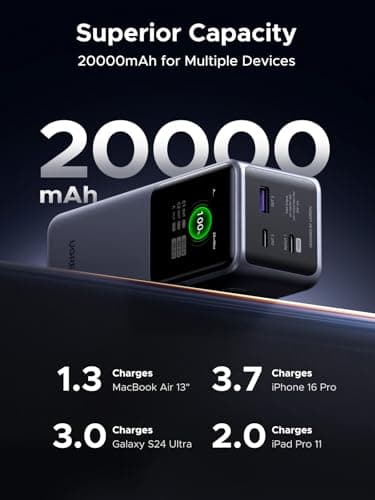 UGREEN Nexode Power Bank 20000mAh 130W Fast Charging, 3-Port USB C Portable Charger Smart Digital Display Battery Pack Compatible with Dell, HP, ASUS, iPad, iPhone Air/17/16, Galaxy S25, AirPods — view 3