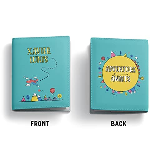 NOT JUST A PRINT Kids Passport Cover Personalised with Any Name | UK Passport Holder | Toddler Child's 1st Passport Adventure Awaits Wallet (Teal/Yellow) — view 2