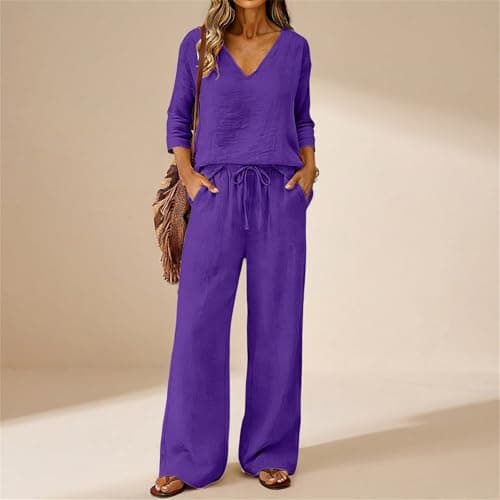 2 Piece Lounge Set for Women V-Neck Short Sleeve Top & Straight Leg Pants with Drawstring Plus Size Comfy Two Piece Outfit Women for Travel & Everyday Size 5XL — view 2