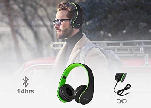 PowerLocus Wireless Bluetooth Over-Ear Stereo Foldable Headphones, Wired Headsets Noise Cancelling with Built-in Microphone for iPhone, Samsung, LG, iPad (Black/Green) — view 3