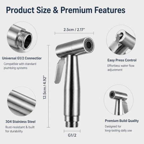 Handheld Bidet Sprayer Kit, Stainless Steel Toilet Bidet Shower with T-Valve Adapter & Hose, Portable Bidets Sprayer Kit Easy Install Shattaf for Toilet Cleaning Pet Bath Personal Hygiene — view 2