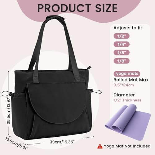 Tawd Yoga Mat Bag with Wet Pocket, 2-in-1 Yoga Mat Carrier & Everyday Tote Bag for Women Men, Large Gym Bag for Pilates Mat, Workout, Travel, Office, Lightweight Shoulder Bag (Black) — view 4