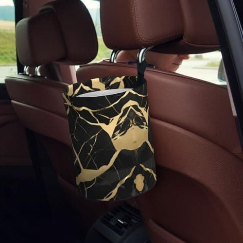 Black Marble Texture Gold Car Trash Can Leak-Proof Organizer For Long Road Trips And Family Vacations — view 5