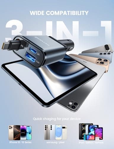 Lamicall 3 in 1 Retractable Car Charger Adapter -【2026 Ultra Compact】57W Cigarette Lighter USB Charger, Car Phone Charge with Retractable Type-C Cable/USB C/USB A, 12V/24V Socket for i-Phone, Android — view 6