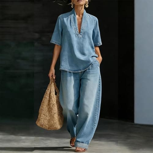 Womens Coords Sets Airport Two Piece Outfit Women Uk Denim Co Ord Sets Sleeveless Short Sleeve Blouses Wide Leg Jeans Casual Ladies Travel Suits Womens Summer Cotton Lounge Wear A2 Light Blue 3XL — view 2