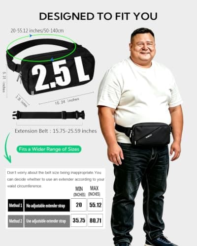 Plus Size Fanny Pack for Men Women with Extender Strap, Anti-Theft RFID 2.5L Crossbody Waist Bag, Adjustable Belt Water Resistant Hip Bum Bag Sling Chest Bag for Travel Outdoor, 2.5L Black, M — view 3