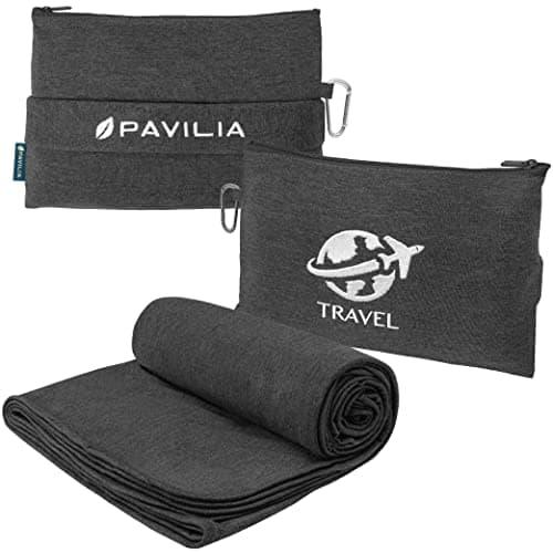 PAVILIA Travel Blanket Compact, Airplane Blanket Packable Bag, Soft Fleece Portable Throw Pillow Combo Set, Plane Flight Car Trips Travel Essentials Gift Accessories, Luggage Backpack Clip, Black