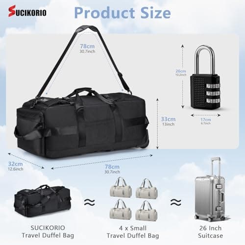SUCIKORIO Travel Duffle Bag with Wheels 3 in 1 Travel Backpack Wheels Waterproof Oxford Carry On Hand Luggage Backpack with Combination Padlock Weekend Gym Bags for Women, Men, Travelling, Black — view 5