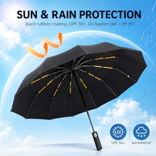 Exquisgoods 24K Strongest Windproof Travel Compact Umbrella Sturdy Frame Automatic Umbrella for Women & Men (Black) — view 5