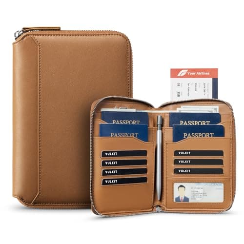 VULKIT Leather Family Passport Holder for 4-6 Passports, Premium Document Organizer Case Travel Wallet for Couples and Families