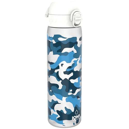 ION8 Water Bottle, 500ml/18oz, Slim Leak Proof & BPA-Free Drinking Bottle, Secure Lock Prevents Spills, Dishwasher Safe, Carry Handle, Ideal for Adults & Kids - Travel, Gym & School, Camouflage Design