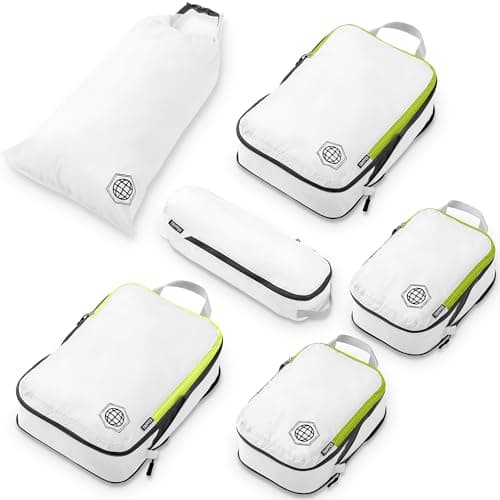 Compression Packing Cubes Set for Carryon Travel-Lightweight Durable Luggage Organizer Bags by TRIPPED Travel Gear (6 Piece, White/Green)