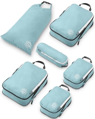 Compression Packing Cubes for Travel - Luggage and Backpack Organizer Packaging Cubes for Clothes (Dusty Teal and White, 6Piece), Dusty Teal and White, 6Piece