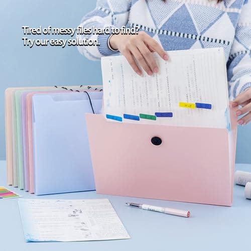 4 Pack Expanding File Folder A4, 8 Pocket Accordion File Organiser with Tabs, Poly Document Wallets with Button Closure, Large Capacity for Office School Travel (Multi-Color) — view 5