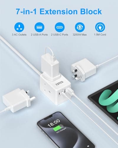 Extension Lead Cube with USB C Slots, FDTEK 3 Gang Socket Extension with 4 USB Ports, Small Extension Plug Wall Mount Power Strip with 1.5M Cable for Home Office Travel 13A/3250W — view 3