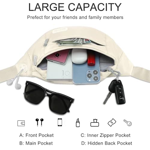 MAXTOP Large Bumbag Waist Fanny Pack Running Belt for Men Women Unisex Bum Bag with Headphone Jack and 4-Zipper Pockets Adjustable Belt for Travel Running Jogging Workout Hiking Gifts Beige — view 3
