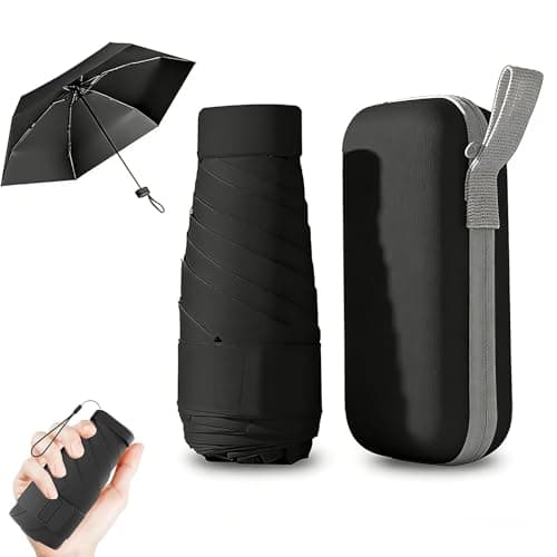 Black Mini Folding Umbrella, UPF50+ UV Sun & Rain Umbrella, 6 Rib Windproof Compact Travel Umbrella with Storage Case, Sturdy, Lightweight, Portable Pocket Umbrella for Men and Women Daily & Outdoor