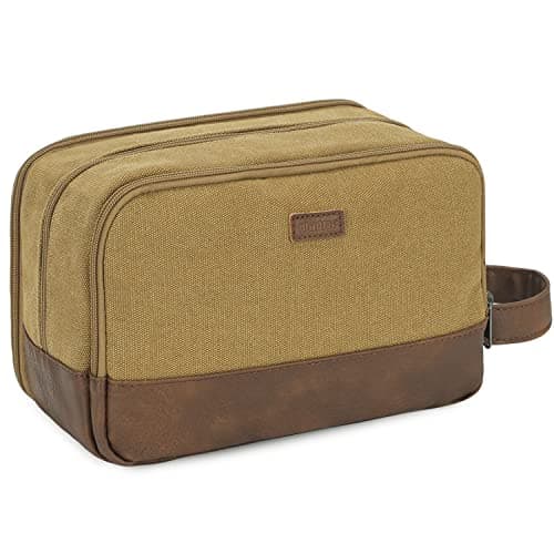 WANDF Toiletry Bag for Men, Travel Wash Bag with Handle, Water-Resistant Canvas Shaving Organiser, SBS Metal Zipper Dopp Kit for Makeup Bathroom Gym (Khaki)
