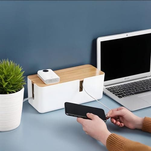 JJQHYC Cable Tidy Box Large Cable Box with Bamboo Lid Cable Management Box White Cable Organiser for Hiding Cables and Plugs — view 2