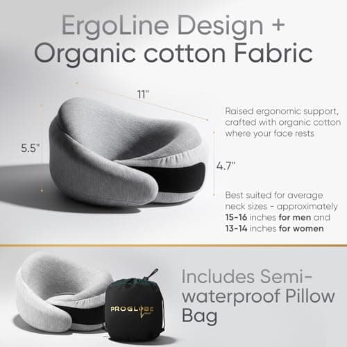 Proglobe Luxe Memory Foam Travel Neck Pillow, Organic Cotton, Light Gray — view 5