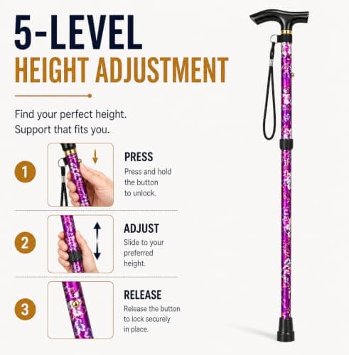 Hataf Adjustable Walking Stick 84cm-92cm, Folding Walking Sticks for Women/Ladies, also for Men, Mobility Aids, Walking Sticks with Rubber Ends (Purple Flowers) — view 5