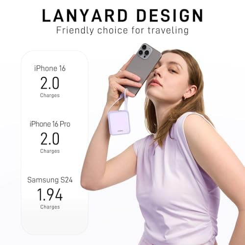 VINKO Small Power Bank with Built-in Cable,10000mAh Fast Charging Power Bank, 22.5W USB C Portable Charger, Mini Battery Pack for iPhone 16 15 14 13 Samsung Galaxy Google Android (Purple) — view 5