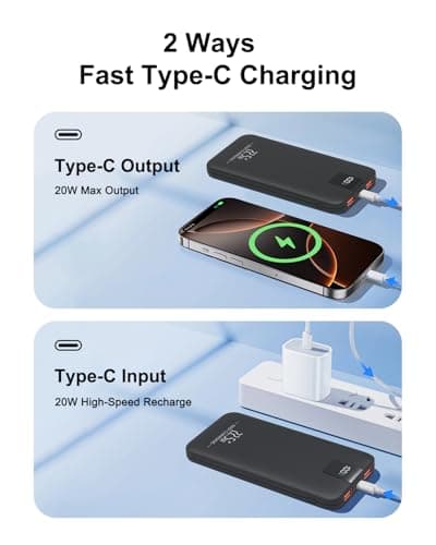 Odetrik Portable Charger 10000mAh 22.5W Power Bank, Fast Charging External Battery Pack with 3 Outputs & 2 Input, Type-C In/Out, LCD Display Slim Portable Phone Charger for Smartphone, Tablets (Black) — view 4