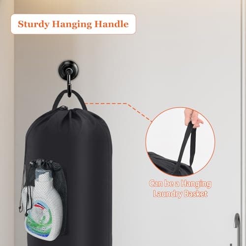 IHOMAGIC Travel Laundry Bag with Pocket, 95L Foldable Laundry Basket, Hanging Laundry Hamper with Shoulder Straps, Sturdy Travel Backpack, Large Storage Bag for Camping, Dorm, Apartment, Black — view 6