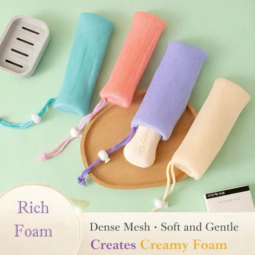 Exfoliating Soap Bags for Shower - 5 Pack Reusable Mesh Soap Bar Bags with Drawstring, Thickened Lathering Pouches for Travel, Bath, Face Wash, Cleanser Storage and Quick Drying — view 5