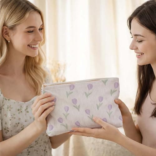 Soft Corduroy Tulip Cosmetic Bag with Zipper - Compact Travel Toiletry Pouch for Women, Floral Lavender Green Print Organiser Storage Pouch for Makeup Essentials & Skincare — view 6