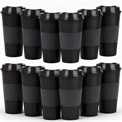 Yisituo Plastic Coffee Cups with Lids, 12 Pack 480ml Reusable Tumblers for Adults, for Hot & Cold Drinks, Microwaveable Travel Mugs (12, Black)
