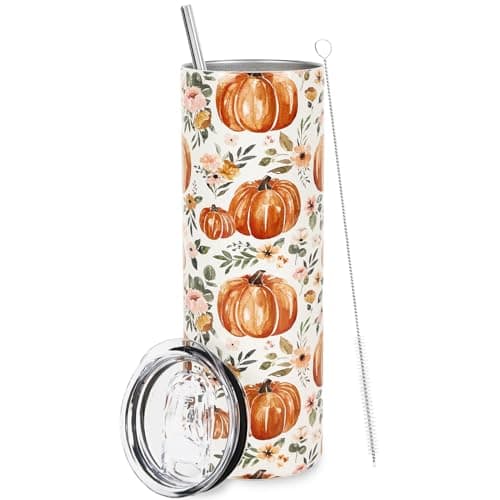 Whaline Fall Tumbler with Lid and Straw Watercolor Pumpkin Flower Stainless Steel Cup Autumn Tumbler Cup Travel Coffee Mug for Fall Thanksgiving Decor Gift Supplies
