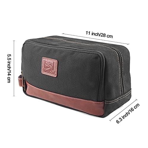 Seemeroad Travel Toiletry Bag for Men and Women, Canvas Toiletry Organizer Water-Resistant Vegan Leather, Hanging Dopp Kit Shaving Bag for Toiletries Accessories (Black, Large) — view 3