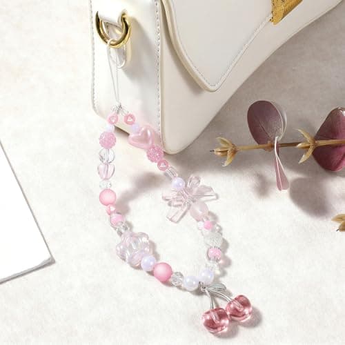 Ouligay Cherry Phone Charm Strap Cute Camera Charm Strap Beaded Camera Strap Wrist Pink Phone Chain for Bag Case Bags Pendants Decor Chains Valentine's Day Gifts for Woman Girls — view 3