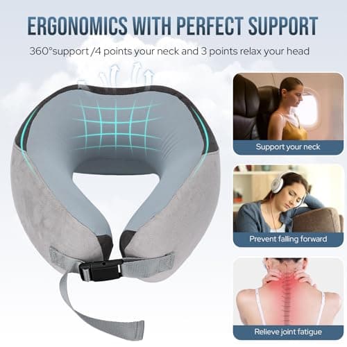 Euqvunn Travel Pillow for Airplane, Memory Foam Neck Pillow for Travel, Soft & Adjustable & Compact Ice Silk Flight Pillow for Adults, Ergonomic Travel Neck Pillow, with Storage Bag(Gray) — view 4