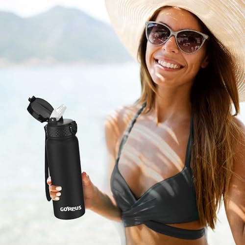 GOPPUS 600ml/20oz Stainless Water Bottle with Straw Double Wall Insulated Bottles with Strap One Hand Open Vacuum Thermal Flask with Flip Top Lid Leakproof Keep Cold Drinks BPA Free (Black) — view 6