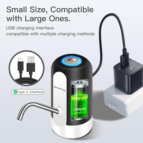 EASYSPEED Water Dispenser, Electric Portable Water Tap Pump with 2 Adapters for 2-5 Gallon Bottles Jugs and Carafes, USB Charging Automatic Drinking Water Dispenser for Kitchen Office Camping,Black — view 3