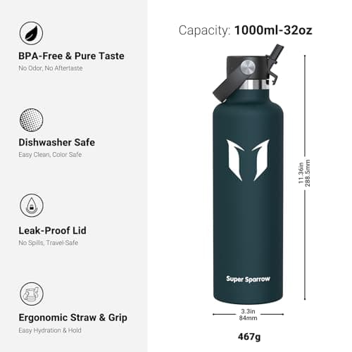 Sparrow Insulated Water Bottle 1L FlipFlow Metal Drinks Bottle with Straw — view 3