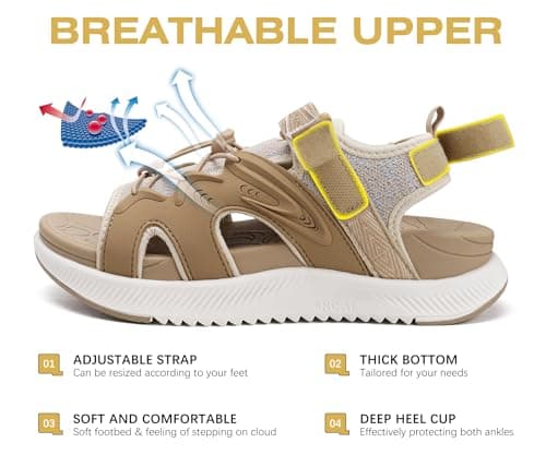 ONCAI Walking Sandals for Women, Sport Athletic Hiking Sandals With Arch Support Orthotic Outdoor Footbed for Plantar Fasciitis, Water Sandalias Mujer with Adjustable Strap Beige/White Size 5 — view 5
