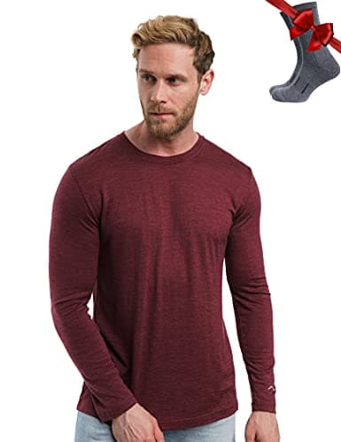 100% Merino Wool Base Layer Men - Long Sleeve Thermal Shirt + Hiking Socks (Large, 165 Burgundy)