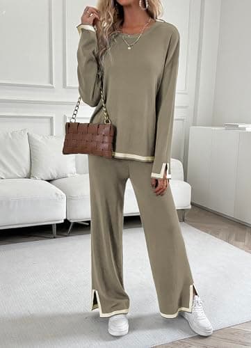 Famulily Womens Sets Clothing Sweater Sets 2 Piece Crew Neck Top Travel Outfits Side Split Hem Khaki XL — view 3