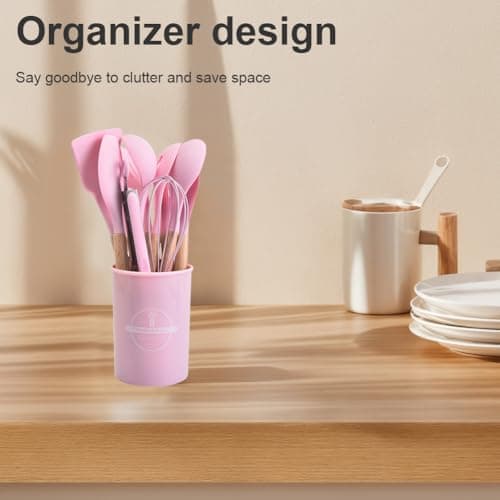 12 Pcs Kitchen Utensil Set, Silicone Cooking Utensils Set with Wooden Handle, Heat Resistant, Nonstick Cookware Tongs Spatula Spoon Set with Storage Bucket for Home, Camping, Dishwasher Safe (Pink) — view 6
